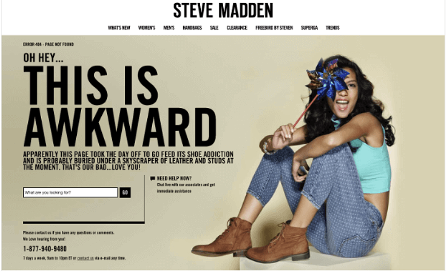 Steve Madden provides useful content on their "page not found" page