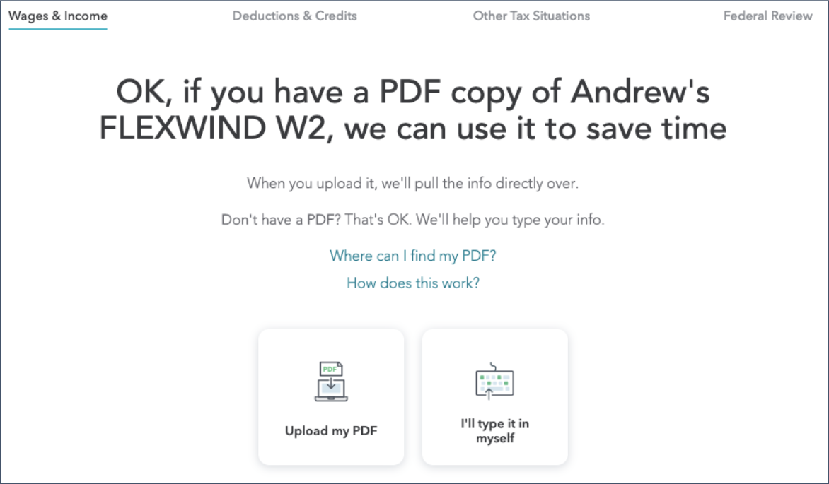 TurboTax screenshot of options to upload form or manually enter information