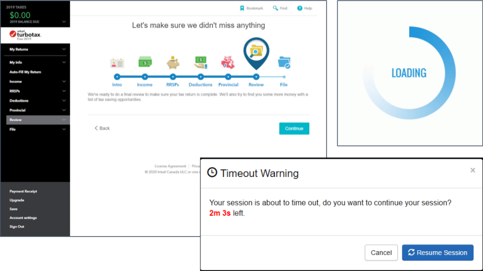 screenshot of TurboTax's progress bar, loading indicator, and time-out warning