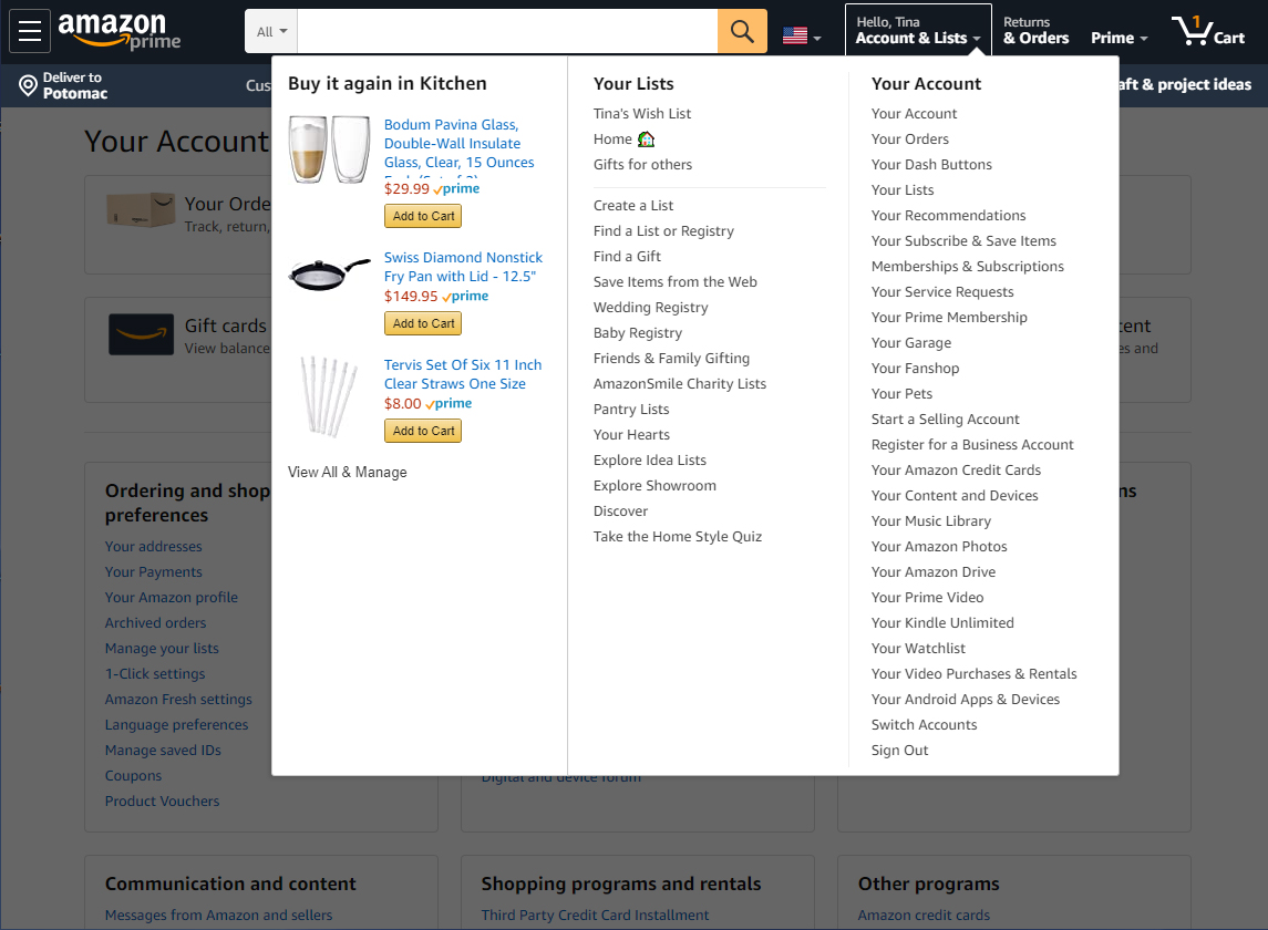 Amazon's Account & Lists menu shows previous purchases to easy "buy again"