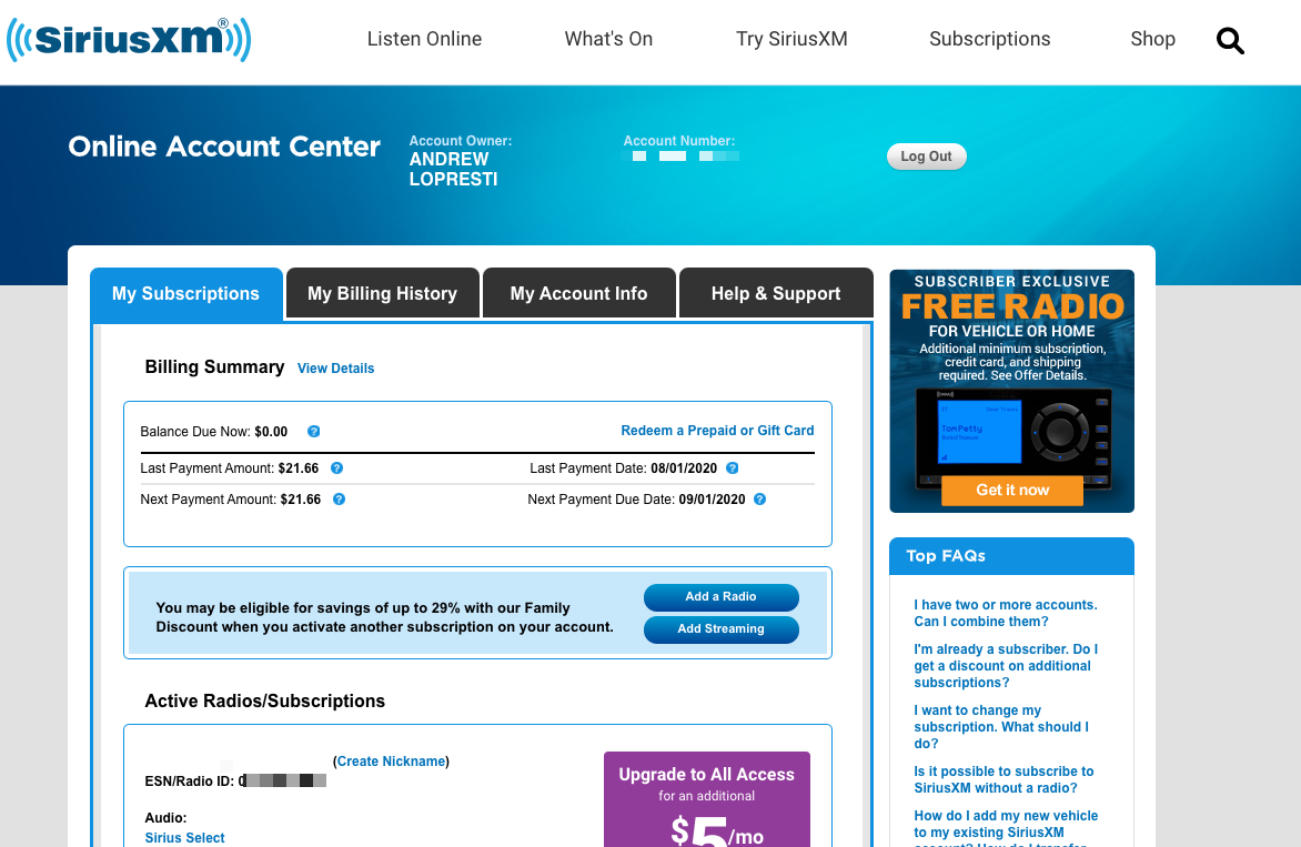 screenshot of SirusXM homepage with personalized content and multiple navigation options
