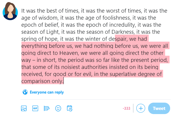 Twitter's highlights text that's above the character limit