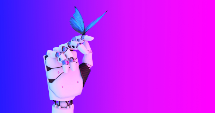 Robotic hand gently holding a butterfly